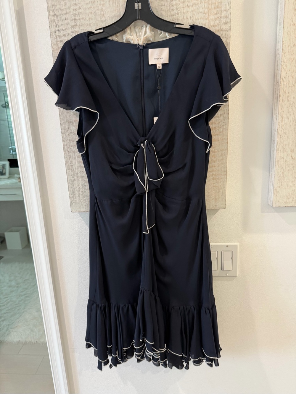 cinq a sept Navy Ruffle-Trim Tie-Front Midi Dress